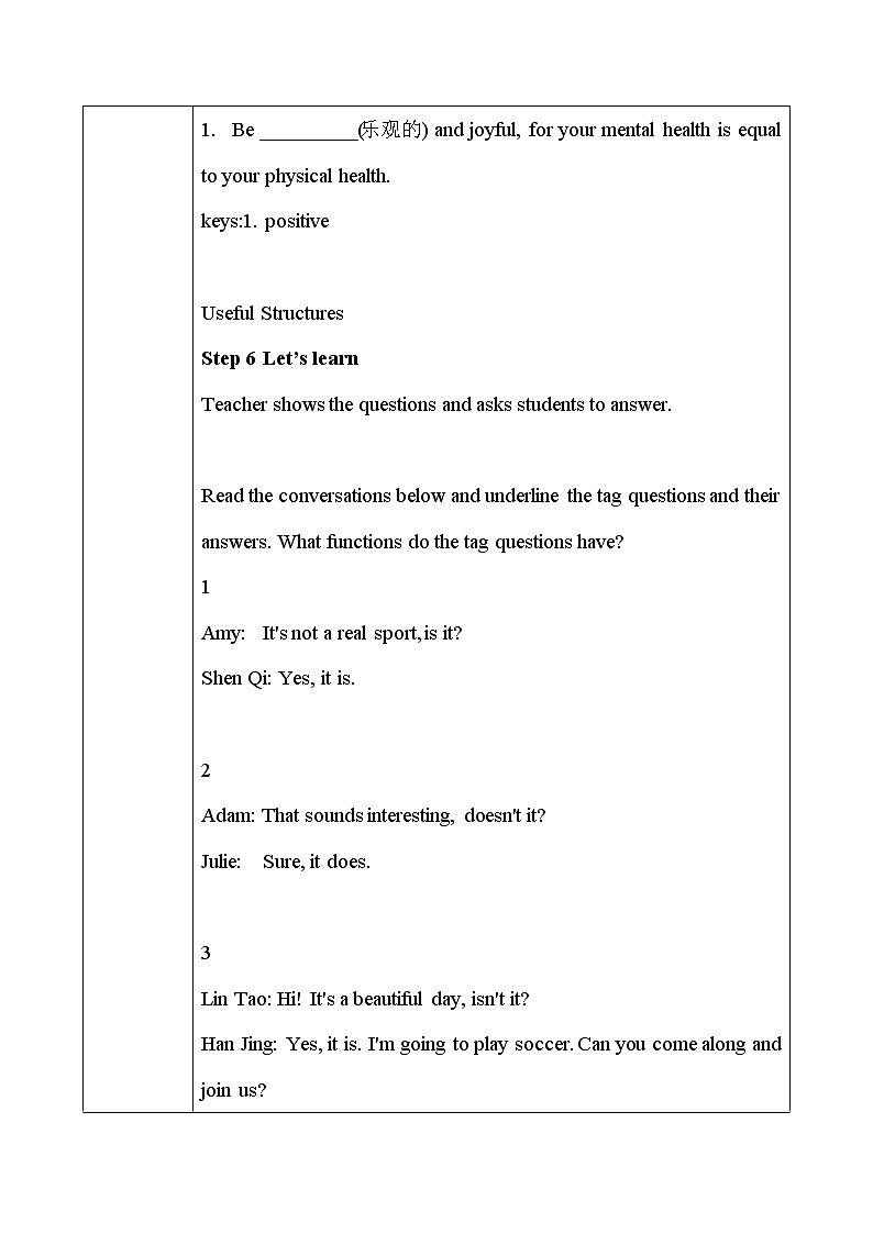 人教版英语必修一U3 Sports and Fitness(第3课时)课件+教案+练习03