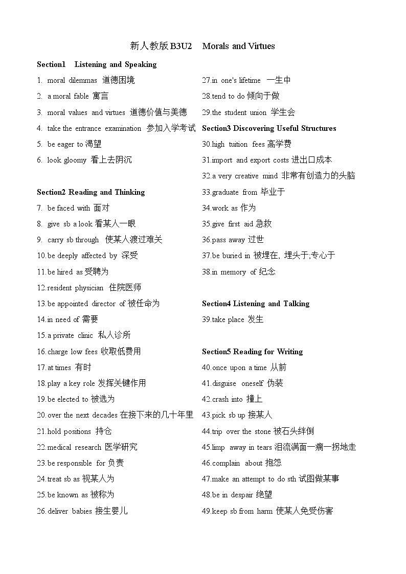 必修三Unit2Morals and Virtues重点词块梳理及默写 学案01