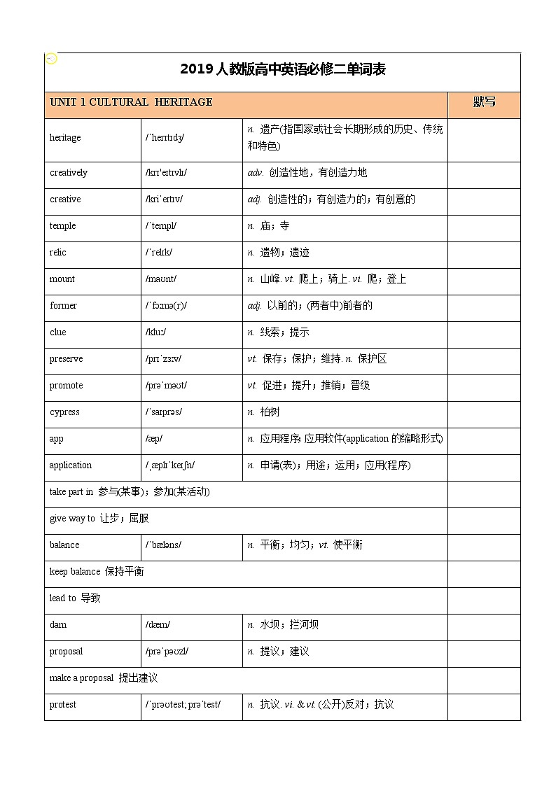 2019人教版高中英语必修二单词表第1页