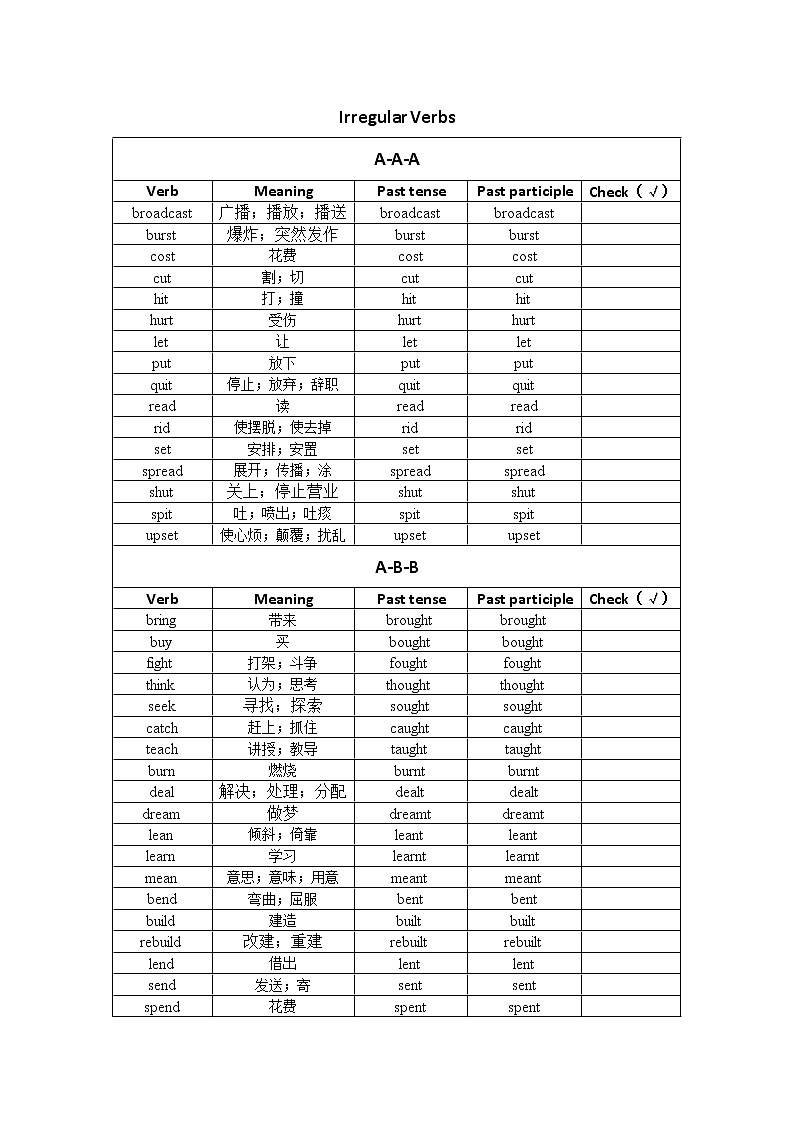 不规则动词表（背诵版）第1页
