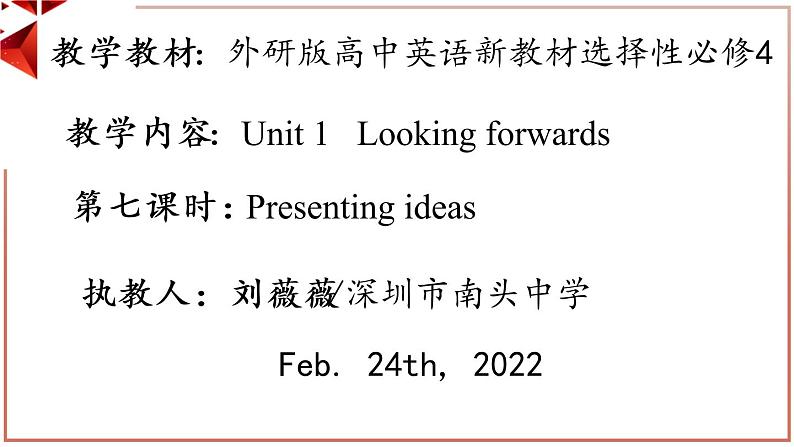高中英语 选必B4 Unit1 Looking forwards Presenting ideas  课件02