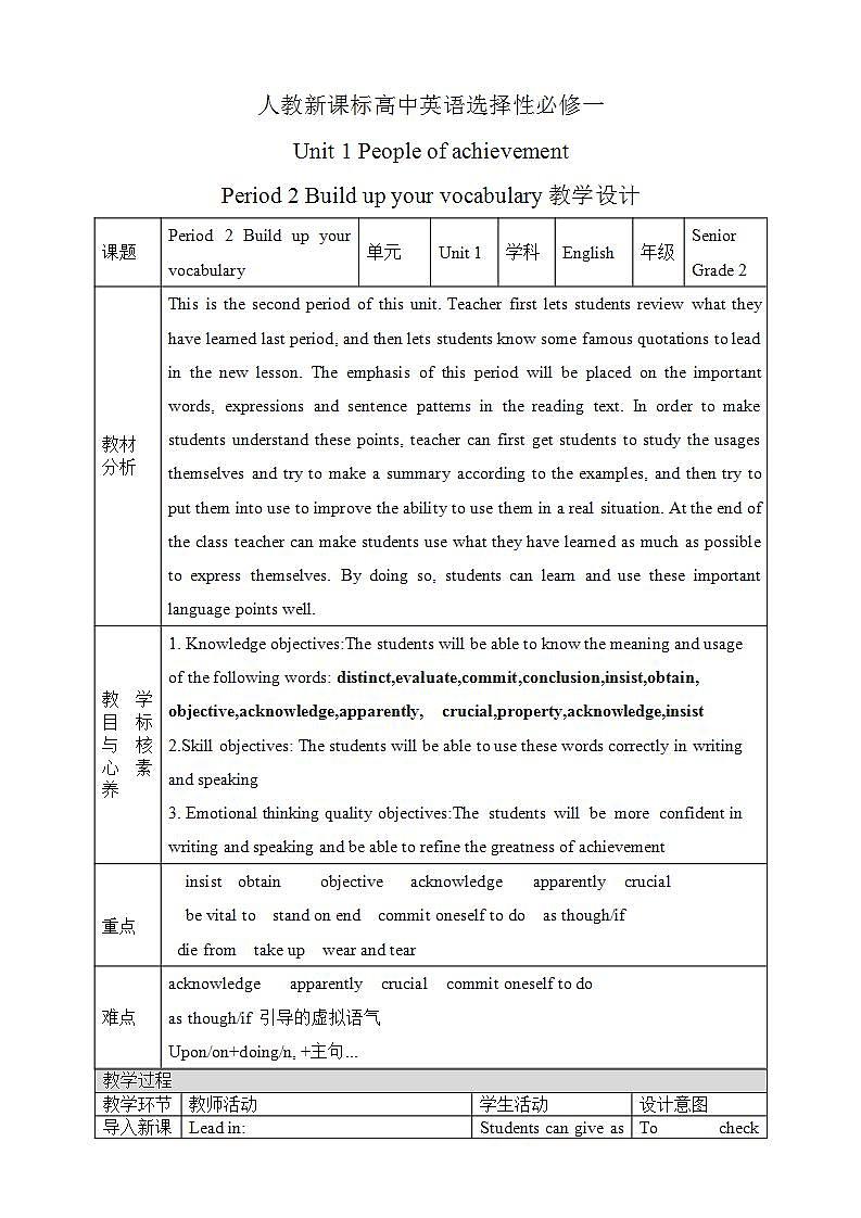 人教版 2019 高中选择性必修1英语 Unit1 People of achievement Period 2 Build up your vocabulary 教案第1页