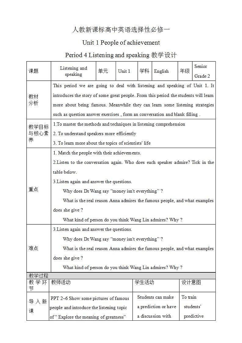 人教版 2019 高中选择性必修1英语 Unit1 People of achievement Period 4 Listening and Speaking 课件+教案+音视频01