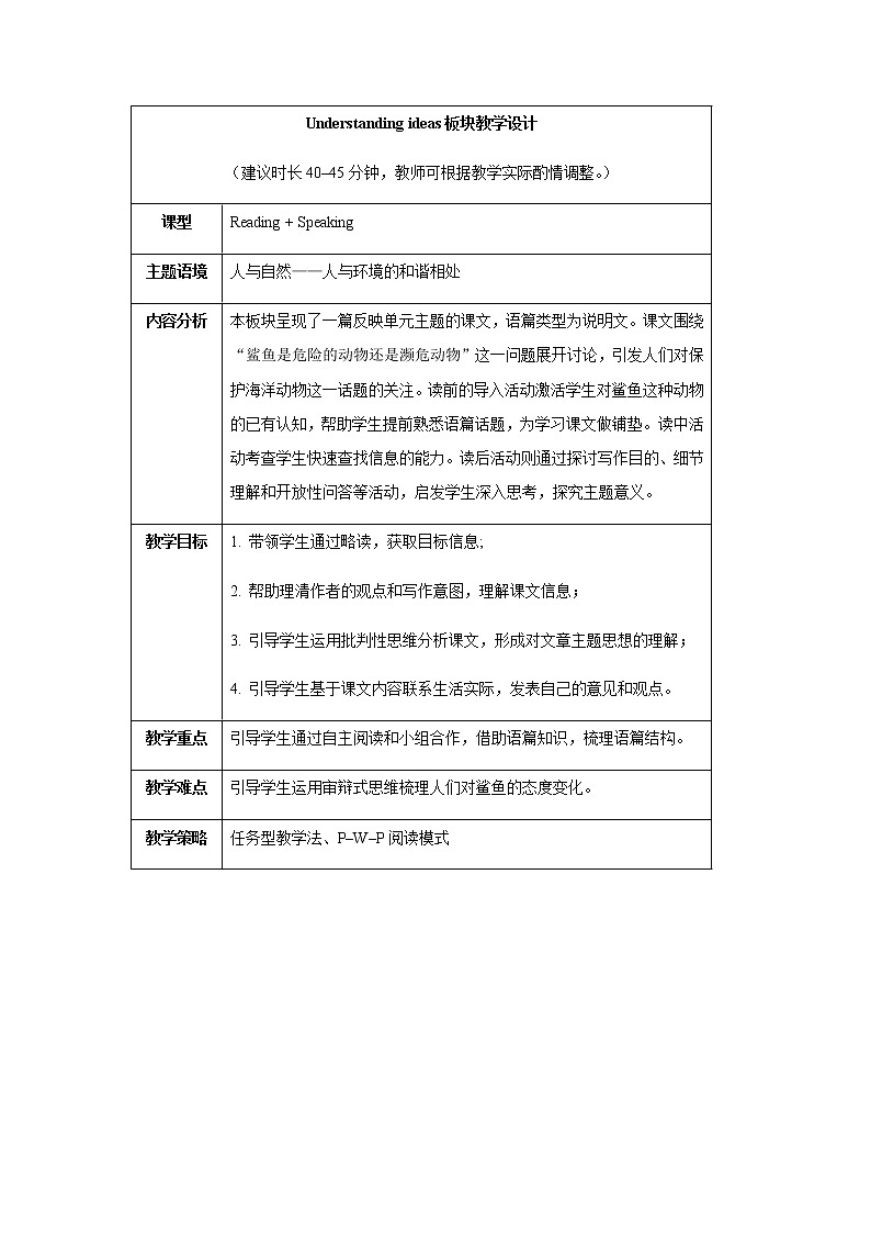 外研版2019必修二Unit6 Earth firstUnderstanding ideas 教案第1页