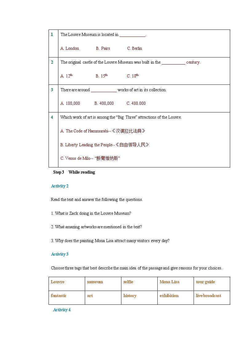 外研版必修三Unit 4 Amazing artUnderstanding ideas 导学案（1）第3页