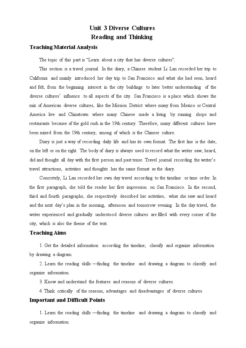 高中英语必修三  (教案)Unit 3 DIVERSE CULTURES—Reading and Thinking01
