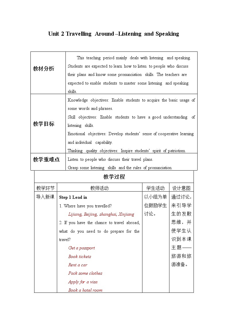 高中英语必修一   (教案)Unit 2 Travelling Around-Listening and Speaking第1页