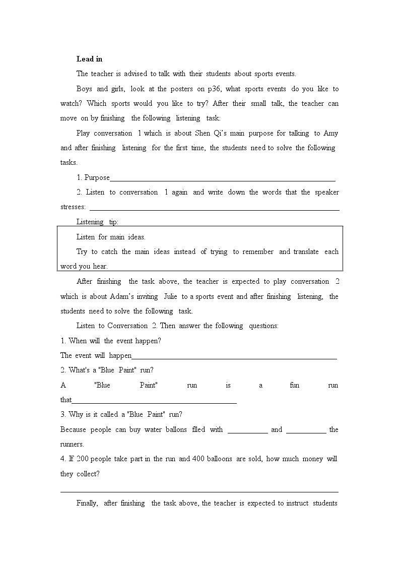 高中英语必修一   (教案)Unit 3 Sports and Fitness-Listening and Speaking & Listening and Talking02