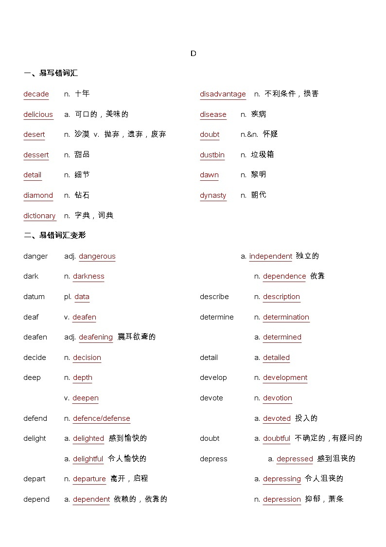 备战高考 词汇基础 D：单词、词组、熟词生义、常见超纲词、不规则动词变化-答案版第1页