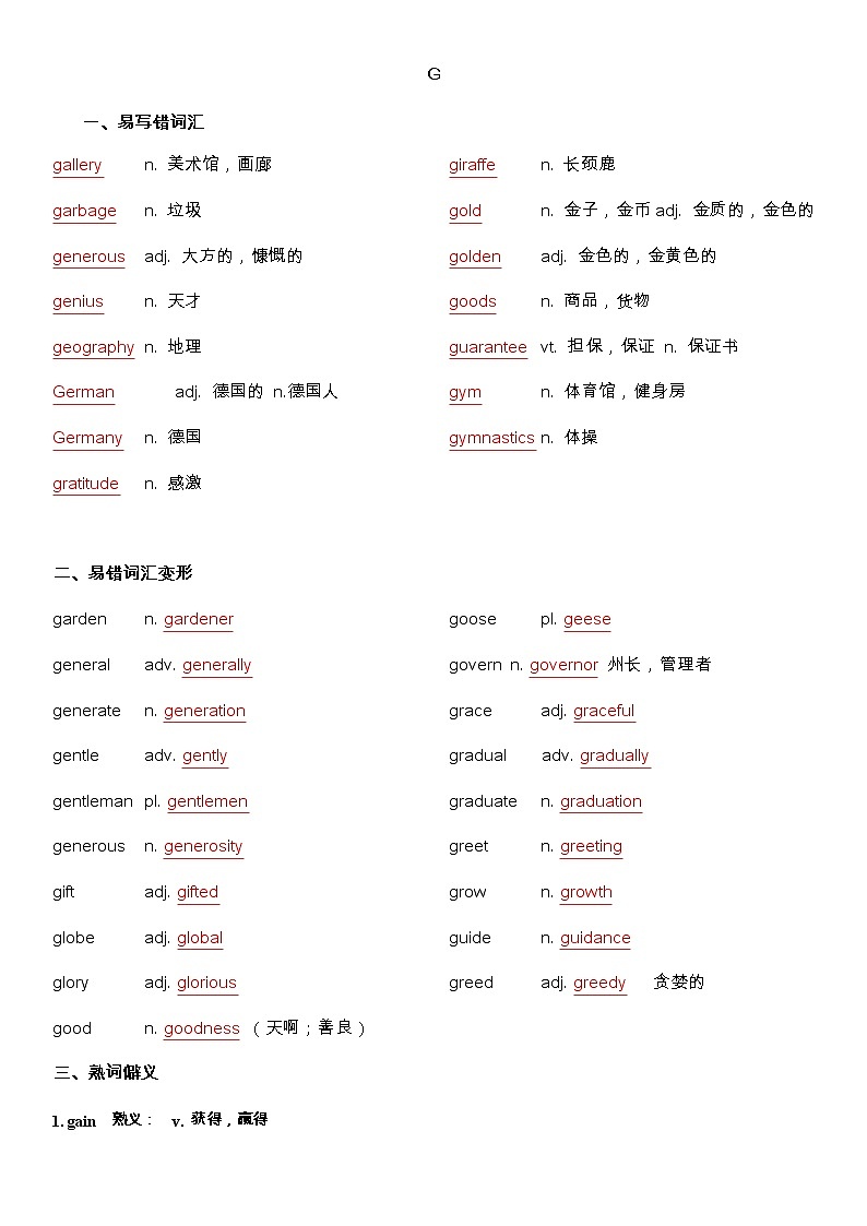 备战高考-词汇基础-G-单词、熟词生义、词组、常考超纲词、不规则变化答案版第1页