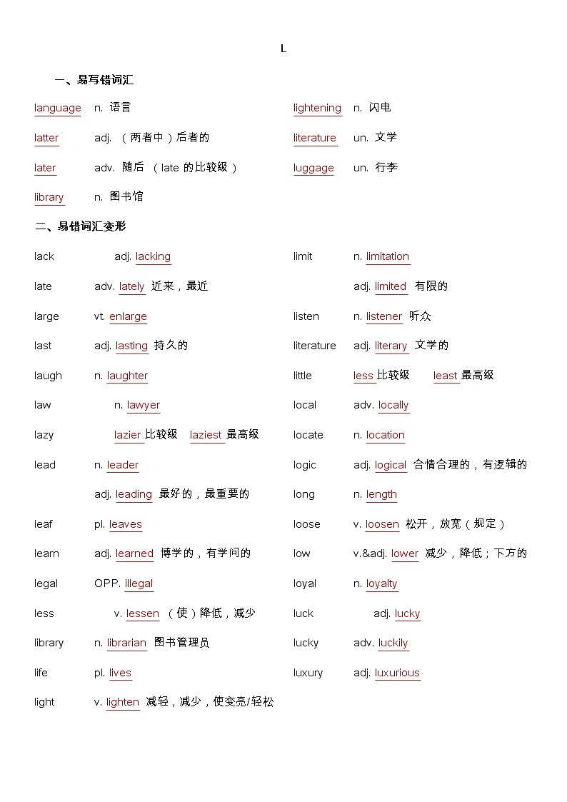 备战高考-词汇基础-L-单词、熟词生义、词组、常考超纲词、不规则变化答案版第1页