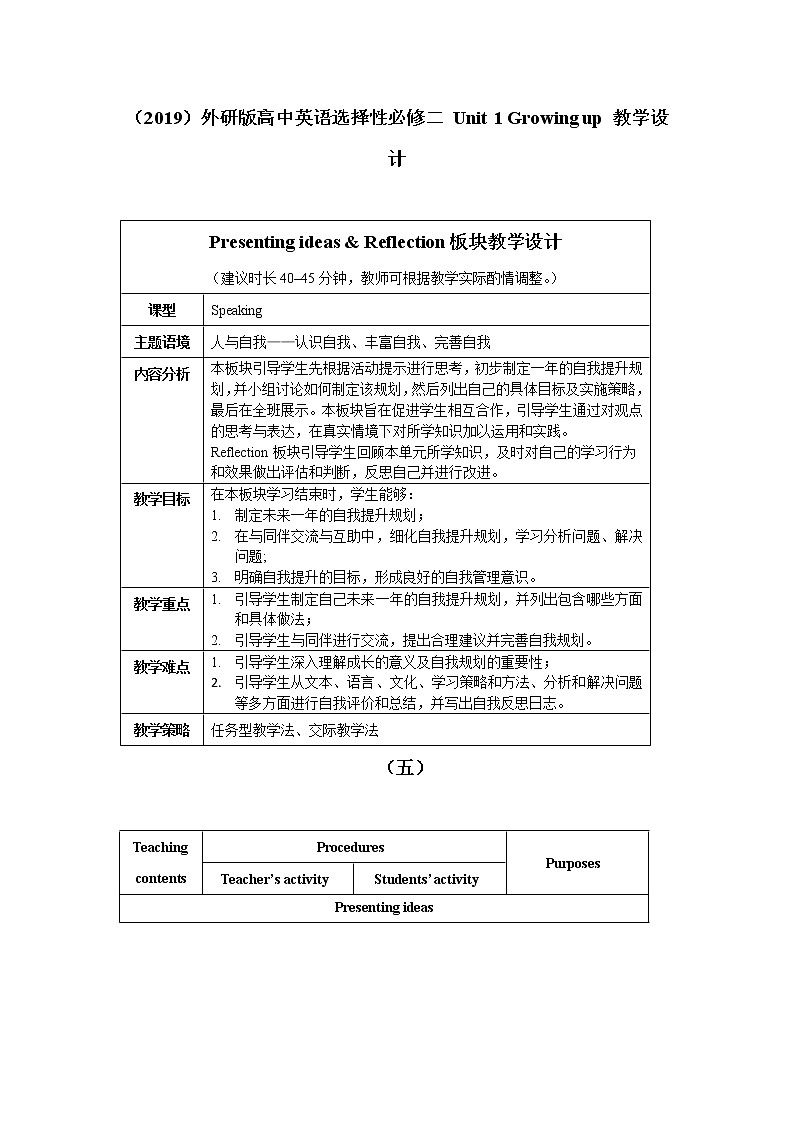 2019外研版高中英语选择性必修二 Unit 1 Presenting ideas & Reflection 教学设计01