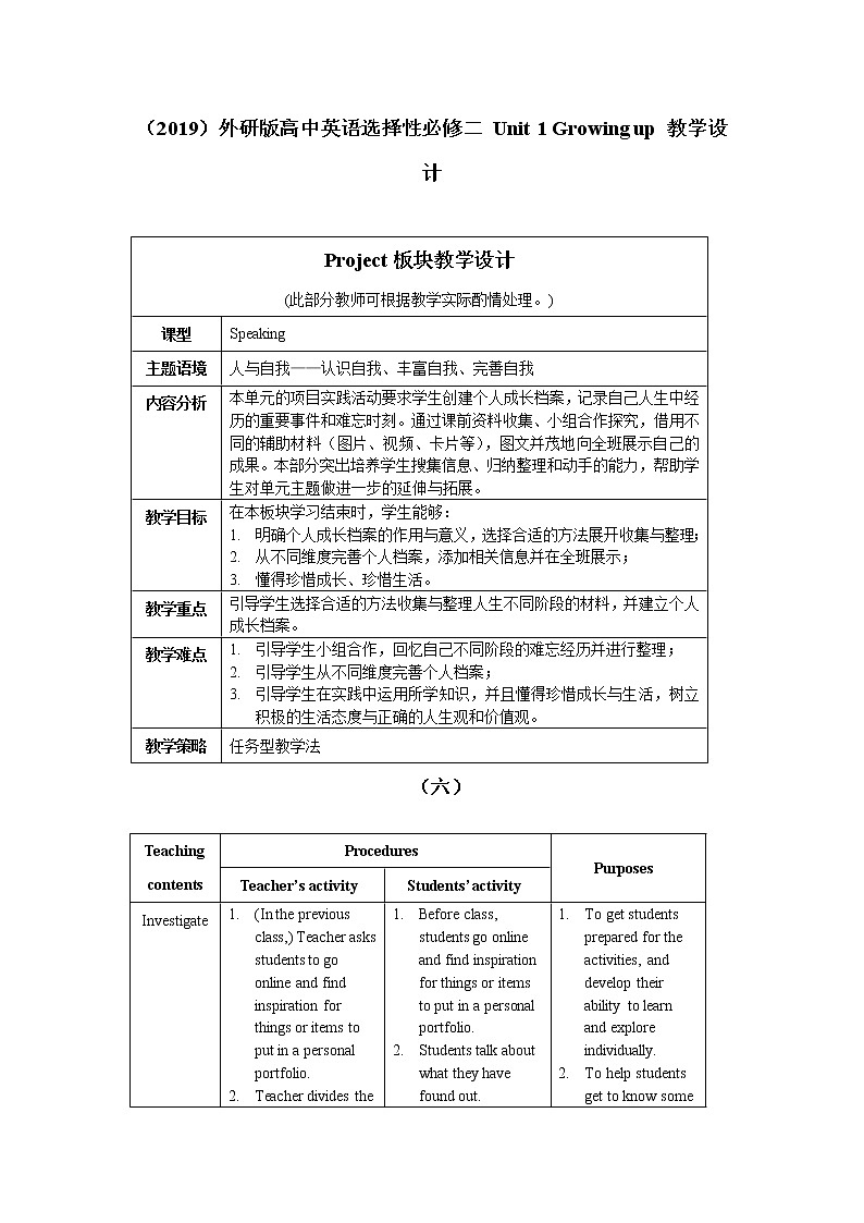 2019外研版高中英语选择性必修二 Unit 1 Project板块教学设计 教学设计第1页
