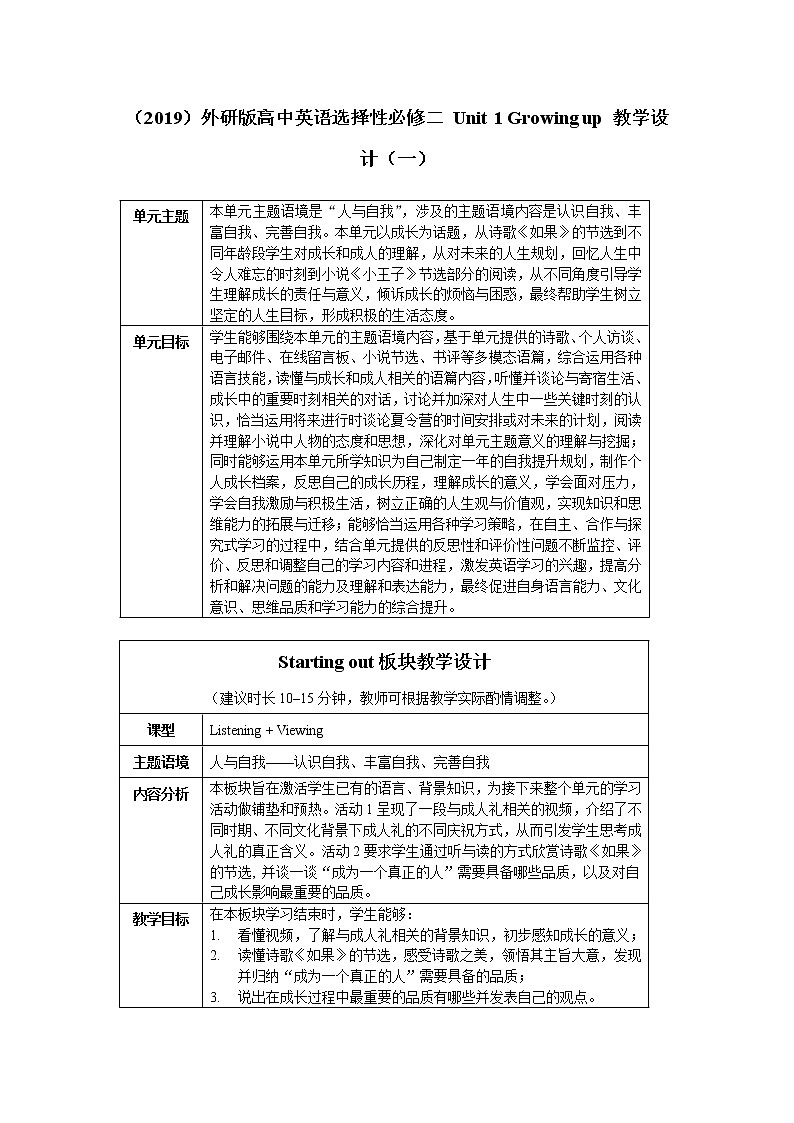 2019外研版高中英语选择性必修二 Unit 1 Starting out 教学设计01