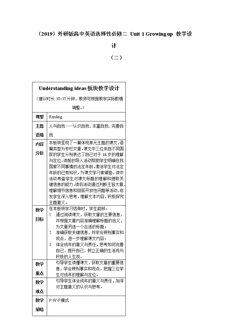 2019外研版高中英语选择性必修二 Unit 1 Understanding ideas 教学设计01