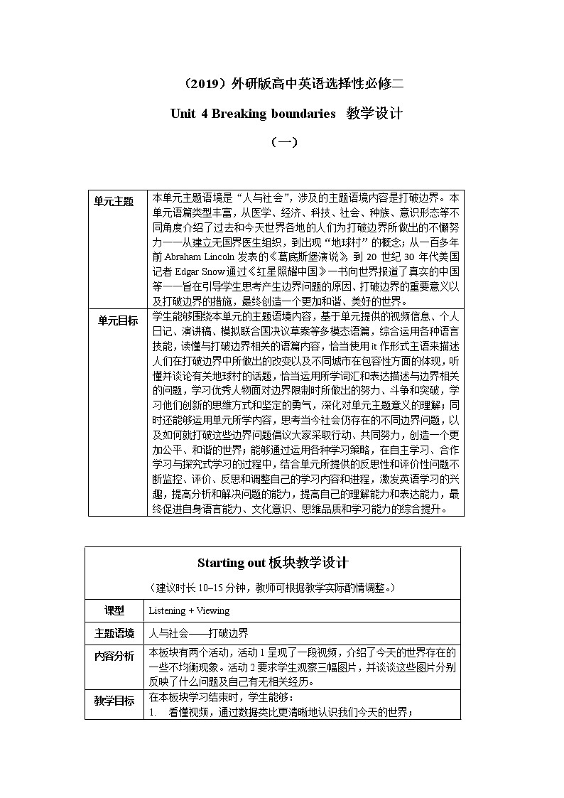 Unit 4 Breaking boundaries（一）Starting out 教学设计01