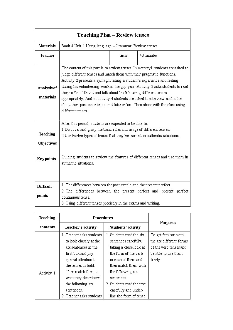 外研版（2019）高中英语  选择性必修第四册 Unit 1   Looking forwards- Grammar Review tenses 教学设计01