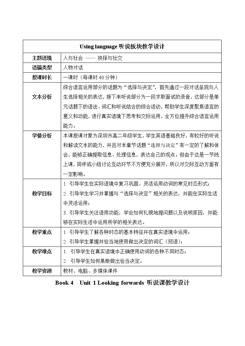 外研版（2019）高中英语选择性必修第四册  Unit 1  Looking forwards-  Using language听说板块教学设计01