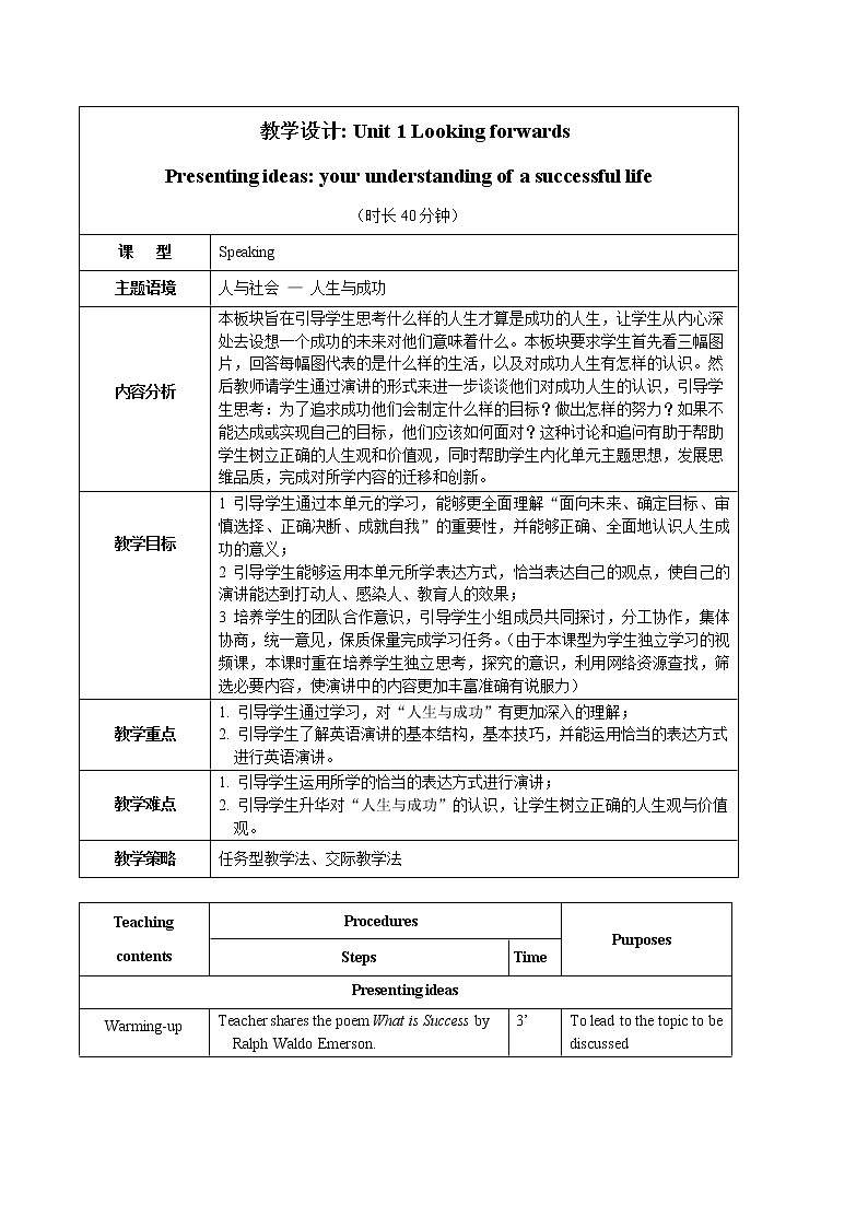 外研版（2019）高中英语选择性必修第四册Unit1   Presenting ideas  your understanding of a successful life 教学设计第1页