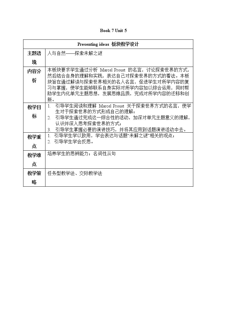 外研版（2019）高中英语选择性必修第四册Unit5  Into the unknown- Presenting ideas板块教学设计01