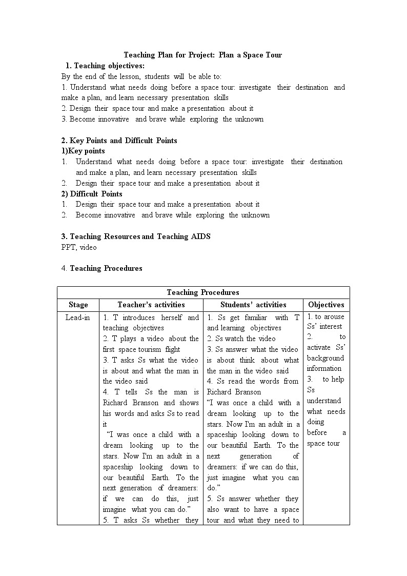 外研版（2019）高中英语选择性必修第四册Unit 6 Space and beyond-  Plan a Space Tour 教学设计01