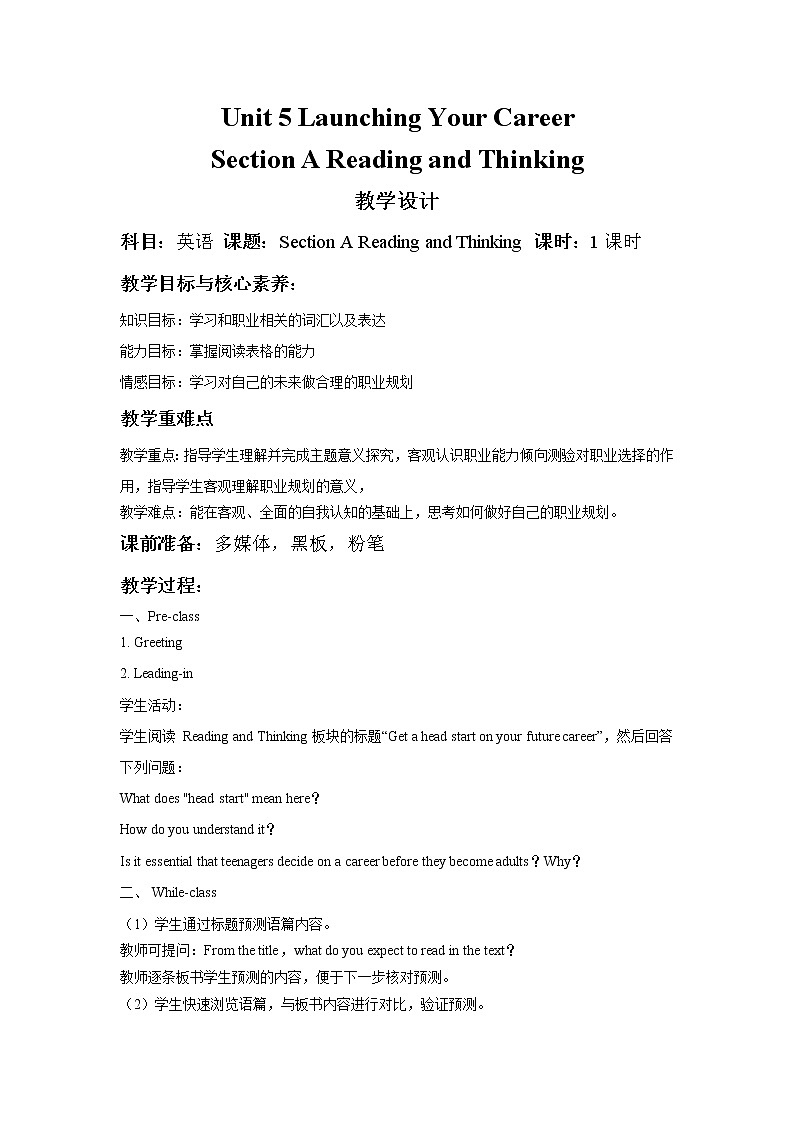人教版（2019）选择性必修第四册 Unit5 Launching Your Care Section A Reading and Thinking (教案)01