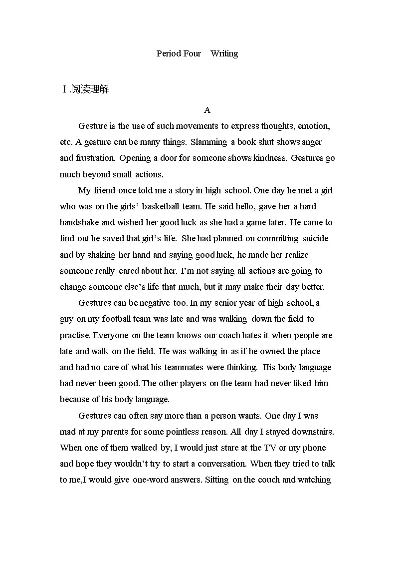 Unit4  Body Language Period Four Writing 课时作业人教版（2019）英语选择性必修第一册第1页