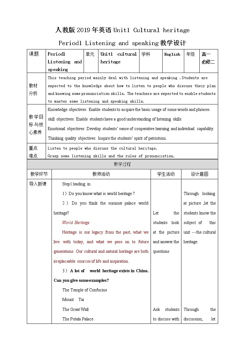 高中英语必修二 book2 unit 1Cultural Heritage period 1 listening and speaking教案01