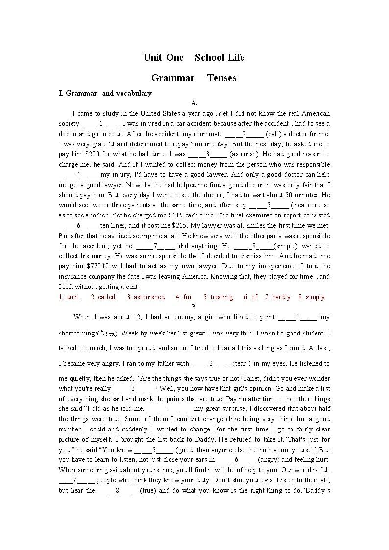 上外版高中英语必修第一册 Unit 1  Grammar 同步练习  (原卷+解析卷)01