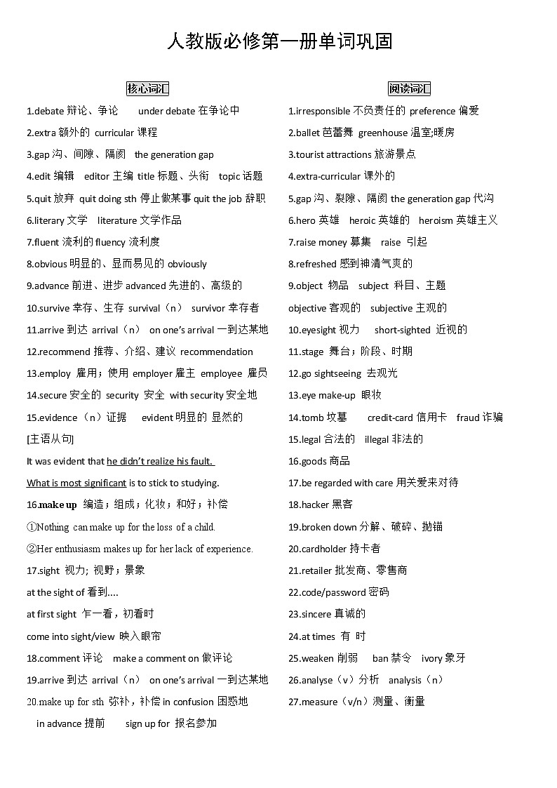 2022年人教版高中英语必修第一册单词巩固(核心词汇+阅读词汇)第1页