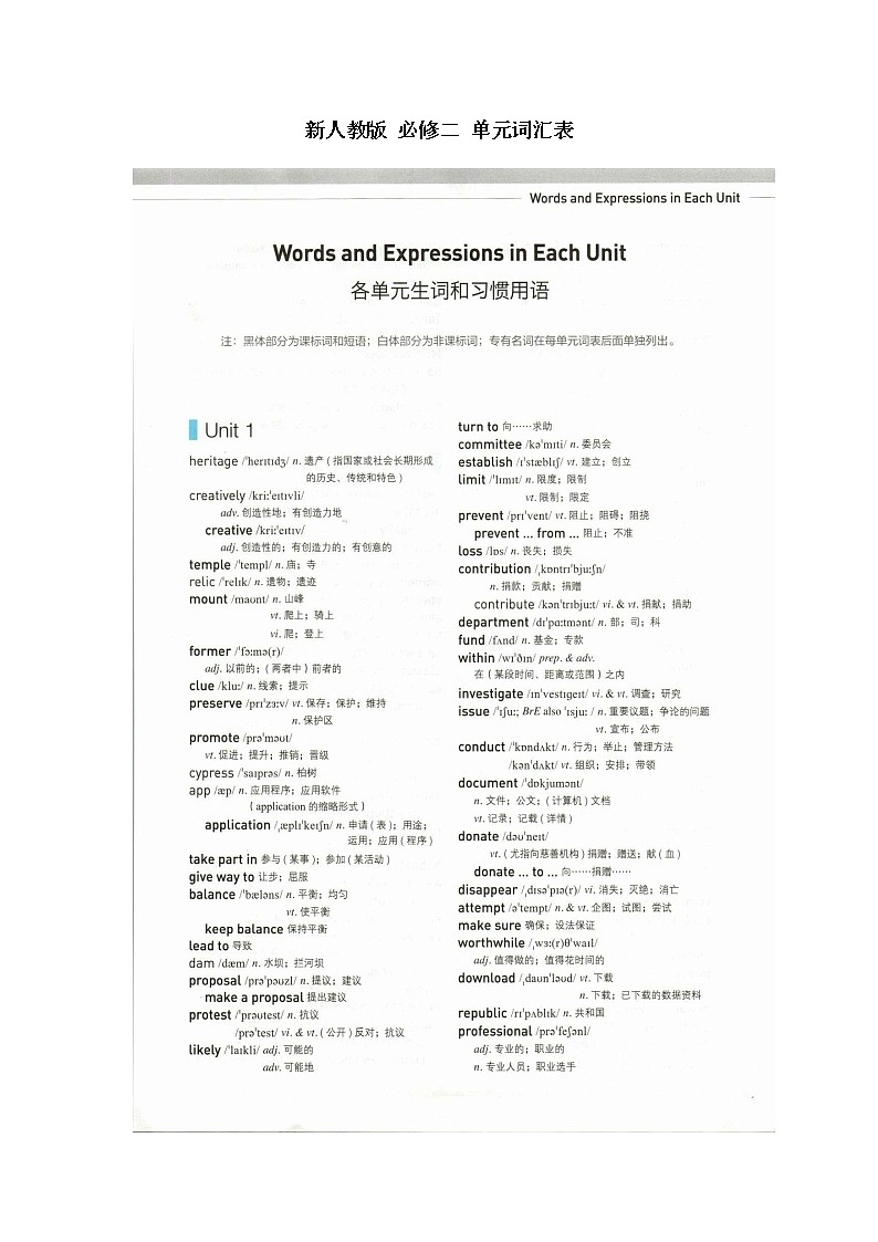 高中英语必修二  单元词汇表第1页