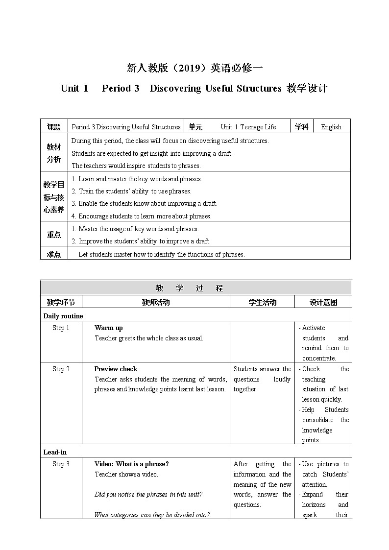 高中英语必修一   Unit 1Teenage life  Period 3 Discovering Useful Structures教案01