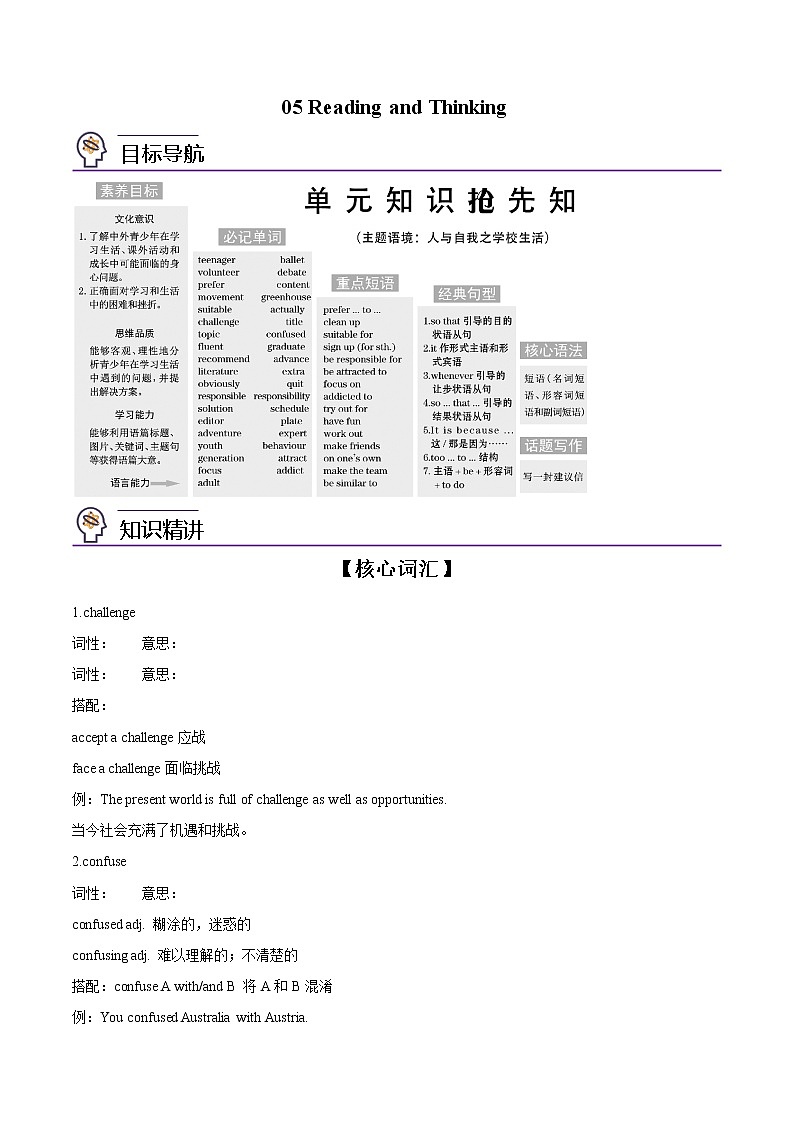 第05讲 Unit 1 Teenager Life-Reading and Thinking- 2022-2023学年高一英语同步精品讲义（人教2019必修第一册）(学生版）第1页