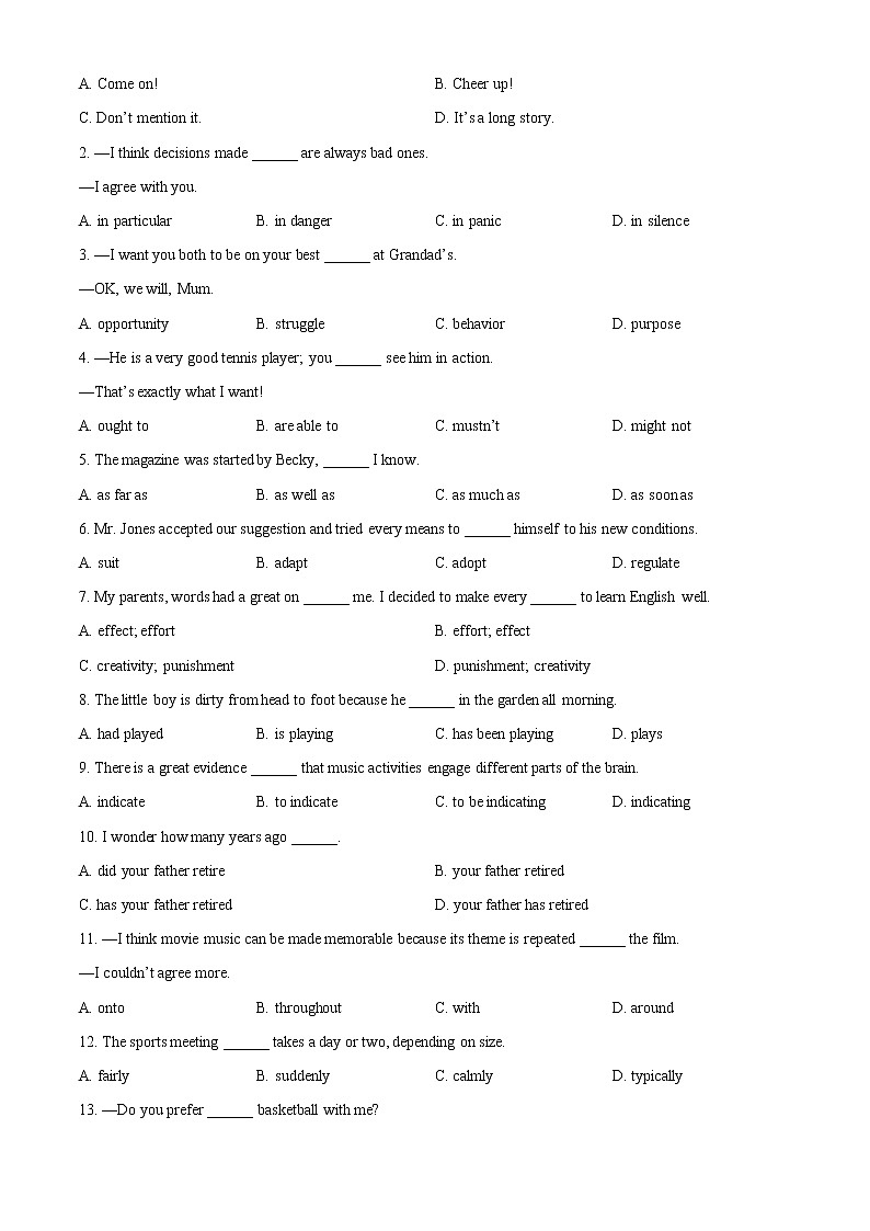 天津市和平区2021-2022学年高一上学期线上期末质量检测英语试题第3页