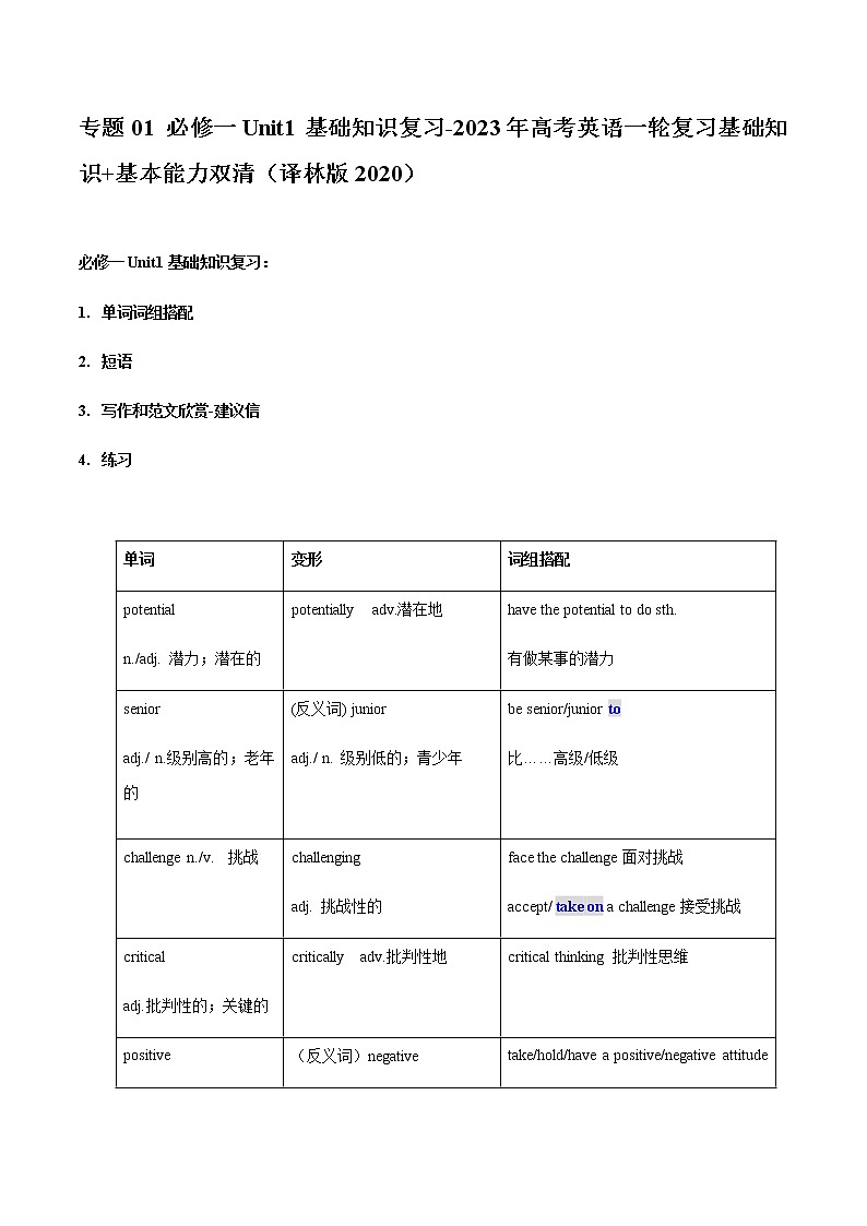 专题01 必修一Unit1基础知识复习-2023年高考英语一轮复习基础知识+基本能力双清（译林版2020）第1页