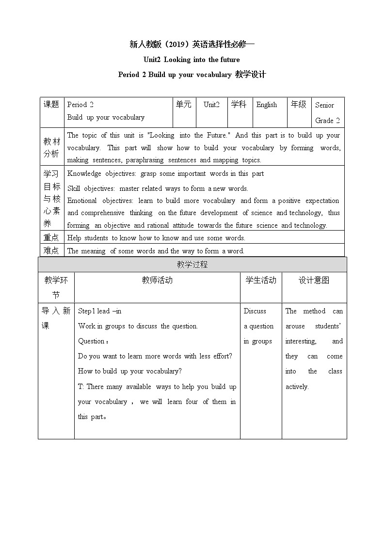 高中英语选择性必修一    unit2Looking into the futurePeriod 2 Build up your vocabulary教案第1页