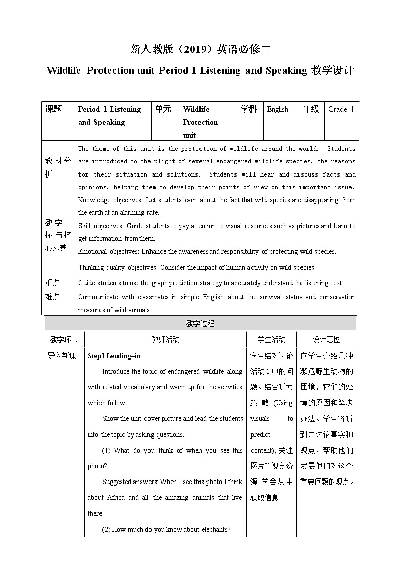 高中英语必修二 Wildlife protection unit Period 1 Listening and Speaking教案第1页