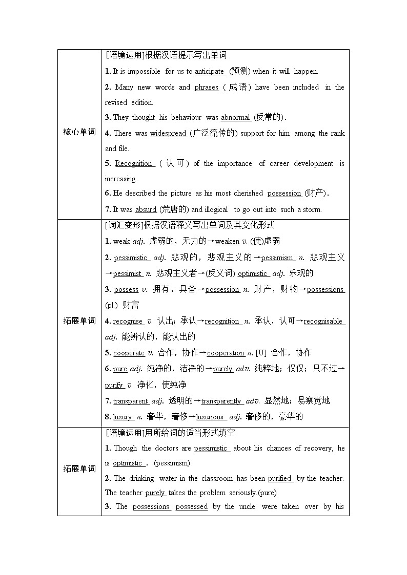外研版高考英语一轮总复习教材知识解读选择性必修第4册Unit 2 Lessons in life课时学案02