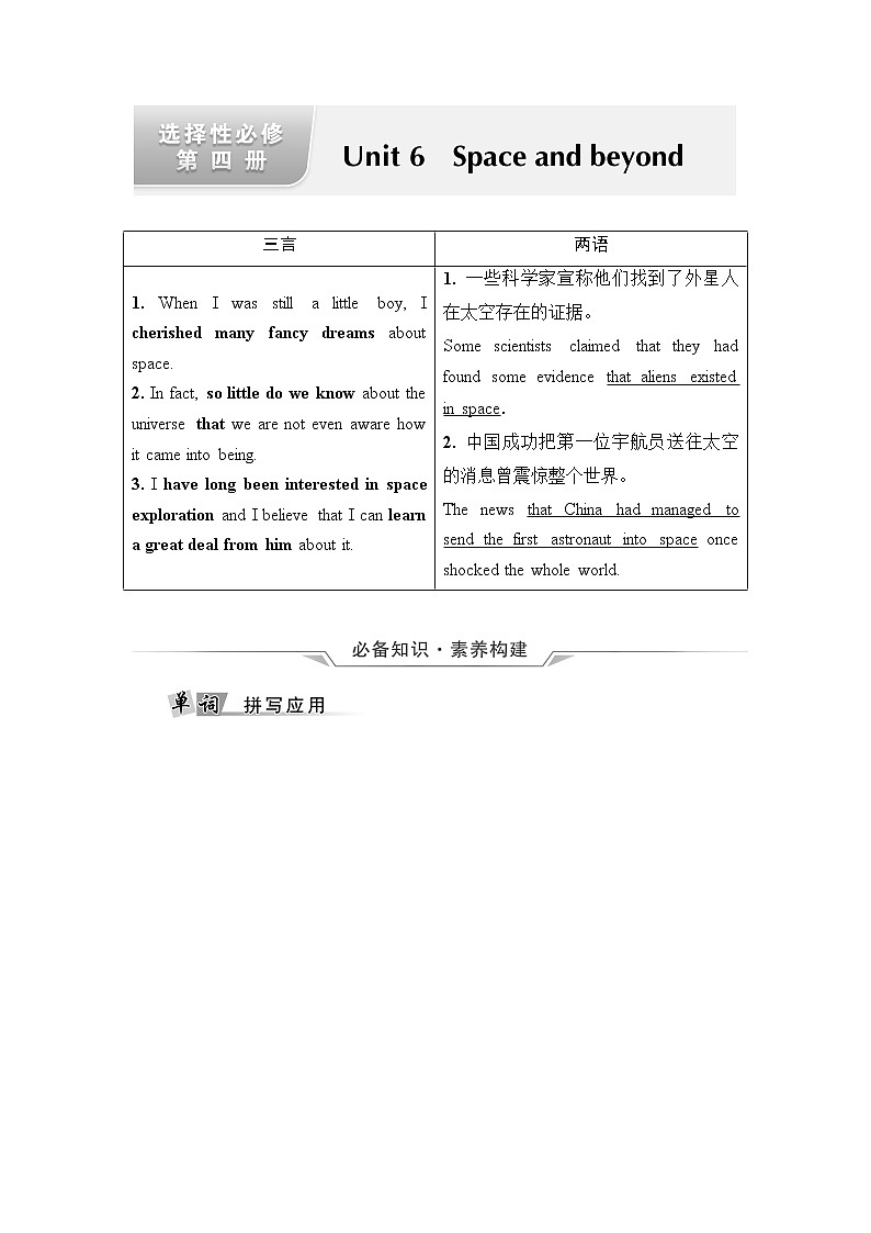 外研版高考英语一轮总复习教材知识解读选择性必修第4册Unit 6 Space and beyond课时学案01