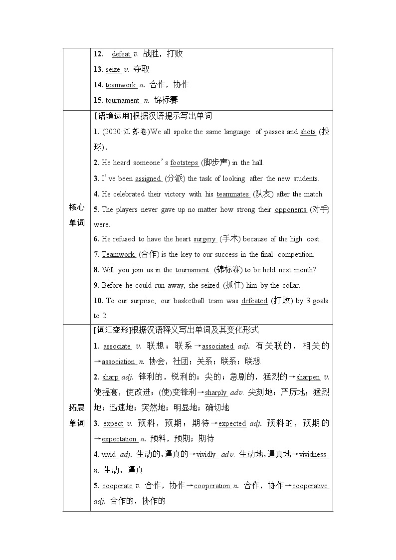 外研版高考英语一轮总复习教材知识解读选择性必修第1册Unit 3 Faster, higher, stronger课时学案02