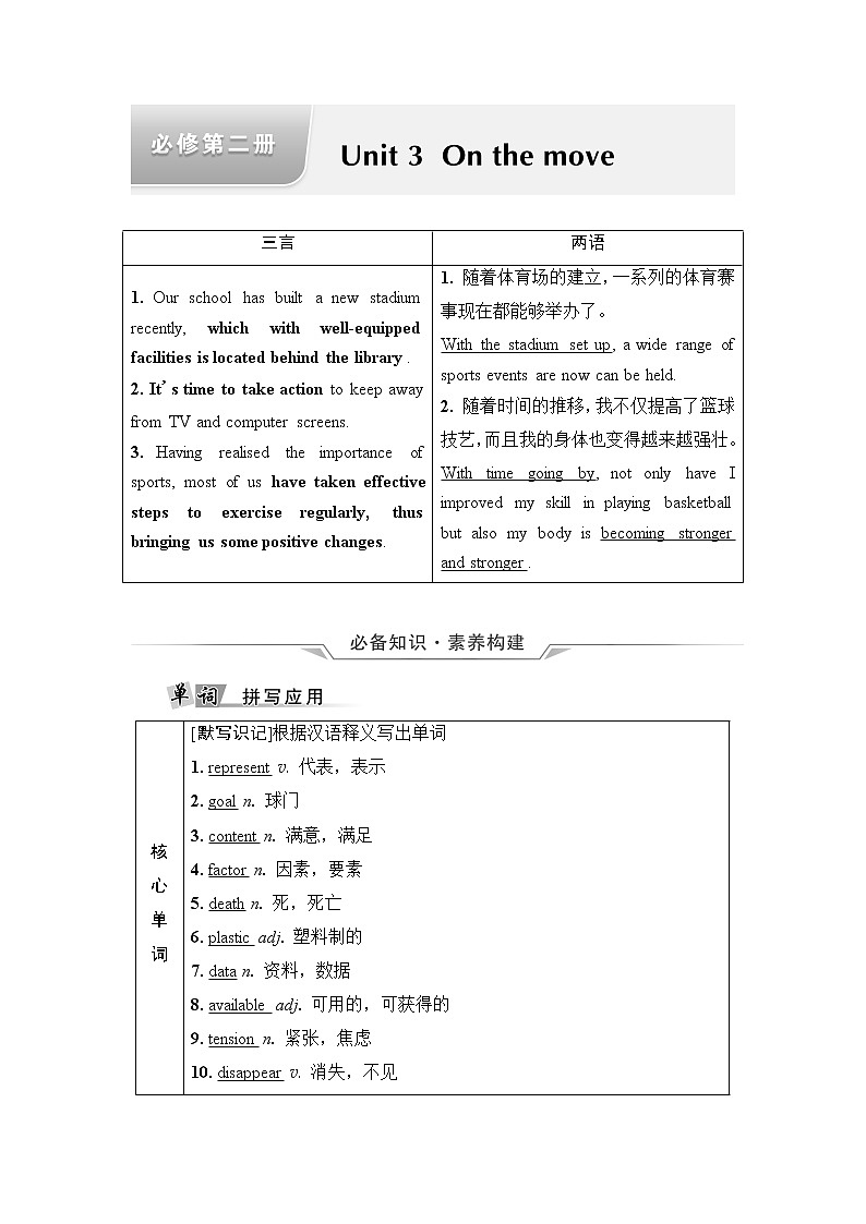 外研版高考英语一轮总复习教材知识解读必修第2册Unit 3 On the move课时学案01
