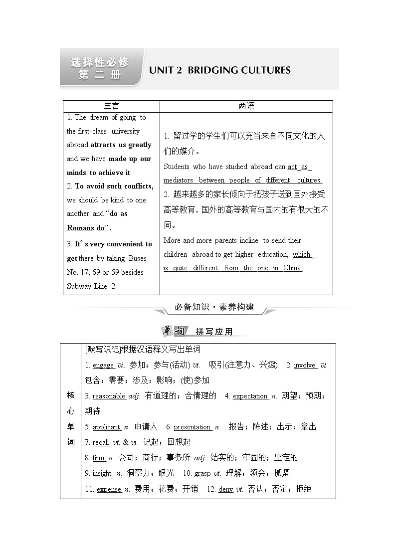 人教版高考英语一轮总复习选择性必修第2册 UNIT 2 BRIDGING CULTURES课时学案第1页