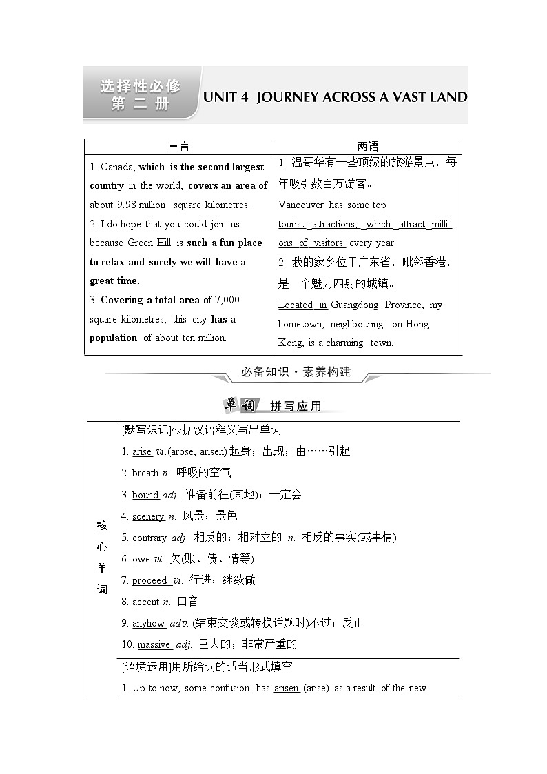 人教版高考英语一轮总复习选择性必修第2册 UNIT 4 JOURNEY ACROSS A VAST LAND课时学案01