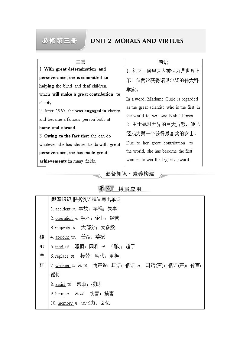 人教版高考英语一轮总复习必修第3册 UNIT 2 MORALS AND VIRTUES课时学案第1页