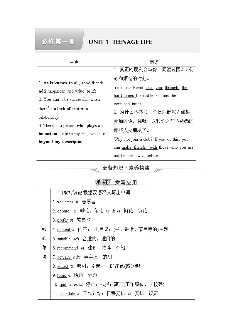 人教版高考英语一轮总复习必修第1册 UNIT 1 TEENAGE LIFE课时学案01