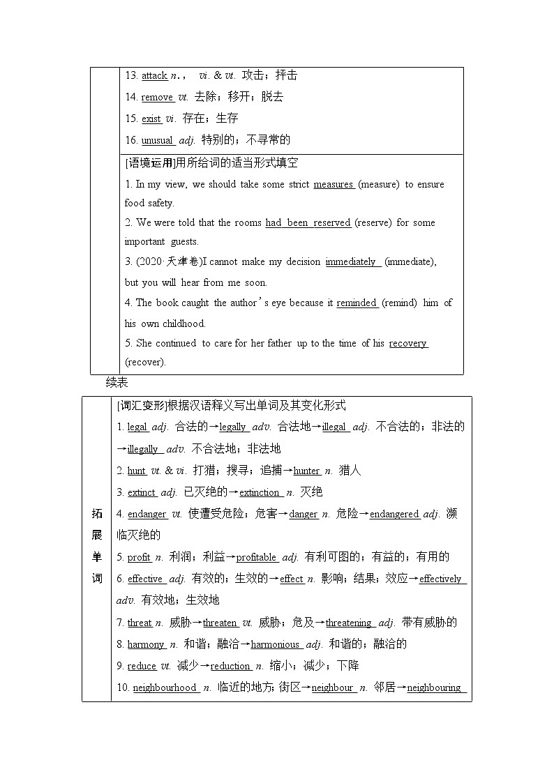 人教版高考英语一轮总复习必修第2册 UNIT 2 WILDLIFE PROTECTION课时学案第2页