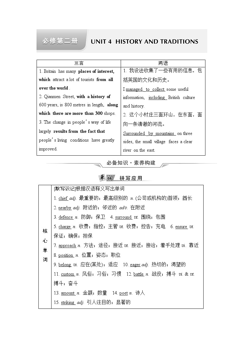人教版高考英语一轮总复习必修第2册 UNIT 4 HISTORY AND TRADITIONS课时学案第1页