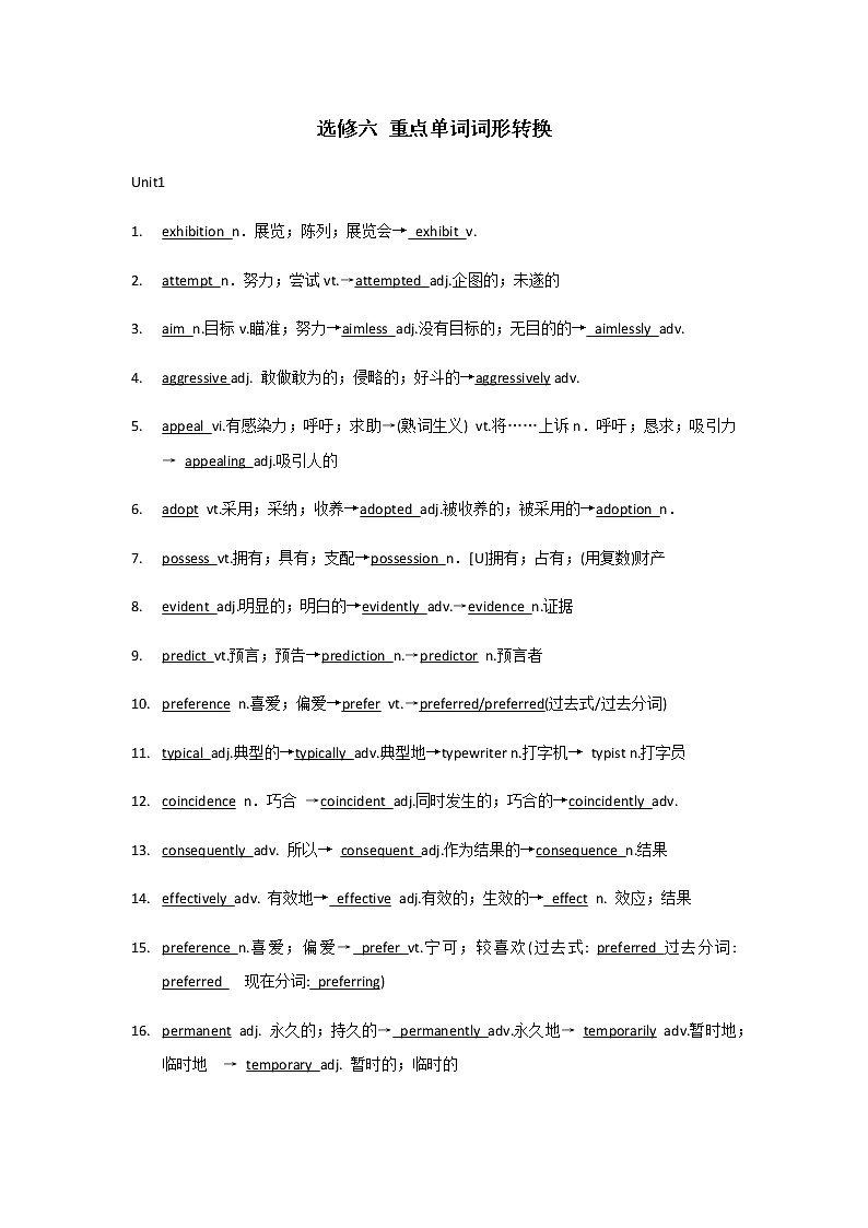 人教版高中英语选修六 重点单词词形转换第1页