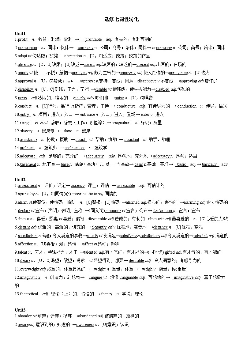 人教版高中英语选修七 重点单词词性转换第1页