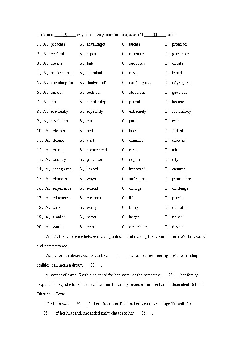 天津高考英语完形填空专项训练02